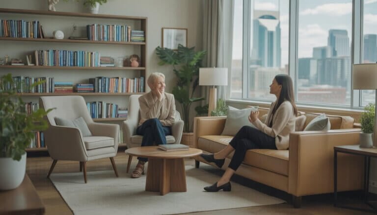 A therapist and an adult client talking in a bright, comfortable therapy office with bookshelves and plants, with a view of Nashville's skyline through the window.