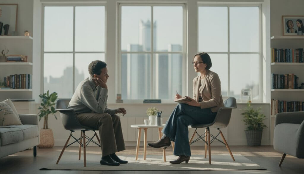A therapist and an adult client having a conversation in a bright therapy office with a view of Detroit's skyline.
