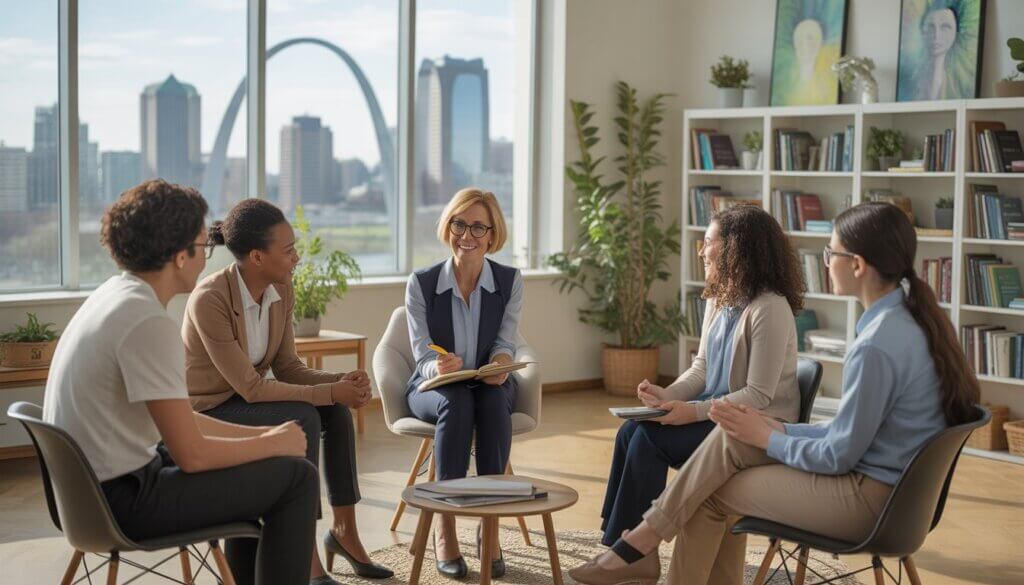 A therapist and a diverse group of adults sitting in a bright office with a view of the St. Louis skyline, engaged in a supportive conversation.