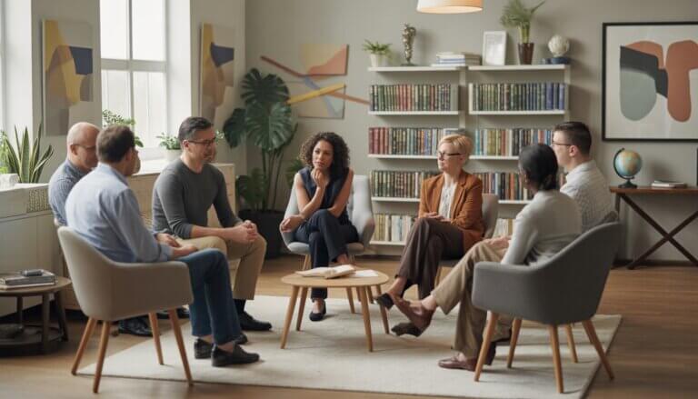 A therapist and a diverse group of adults having a supportive conversation in a bright, welcoming therapy office.