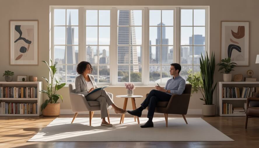 A therapist and client having a conversation in a bright therapy office with a view of the San Francisco skyline.