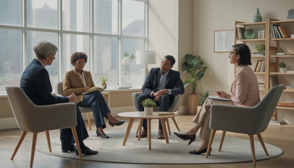 A therapist talking with two adults in a bright office with a view of Baltimore city.