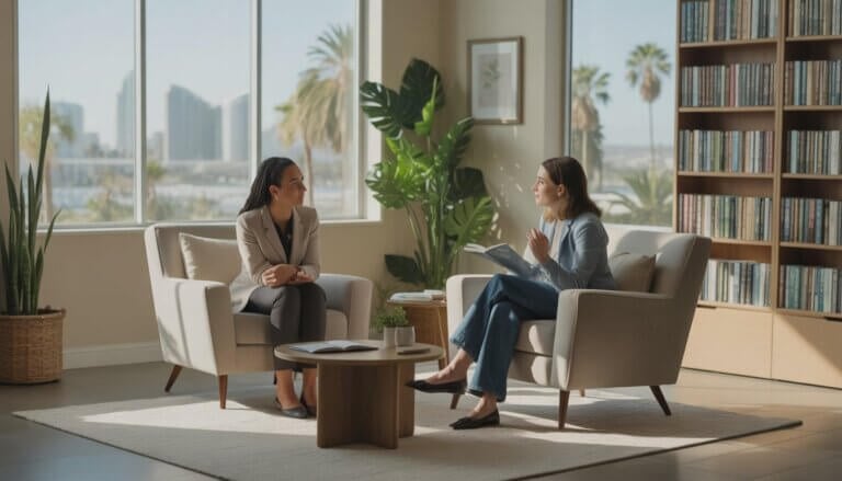 A therapist and client having a conversation in a bright, comfortable therapy office with large windows showing palm trees and the city skyline.