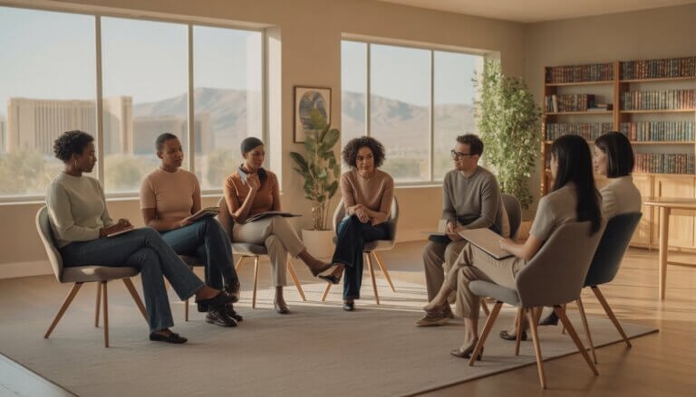 A diverse group of adults and a therapist sitting in a bright, modern therapy room with a view of the Las Vegas skyline.