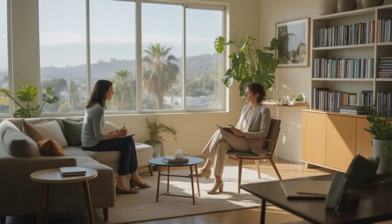 A therapist and an adult client having a calm conversation in a bright, modern therapy office with large windows showing a city view with palm trees.