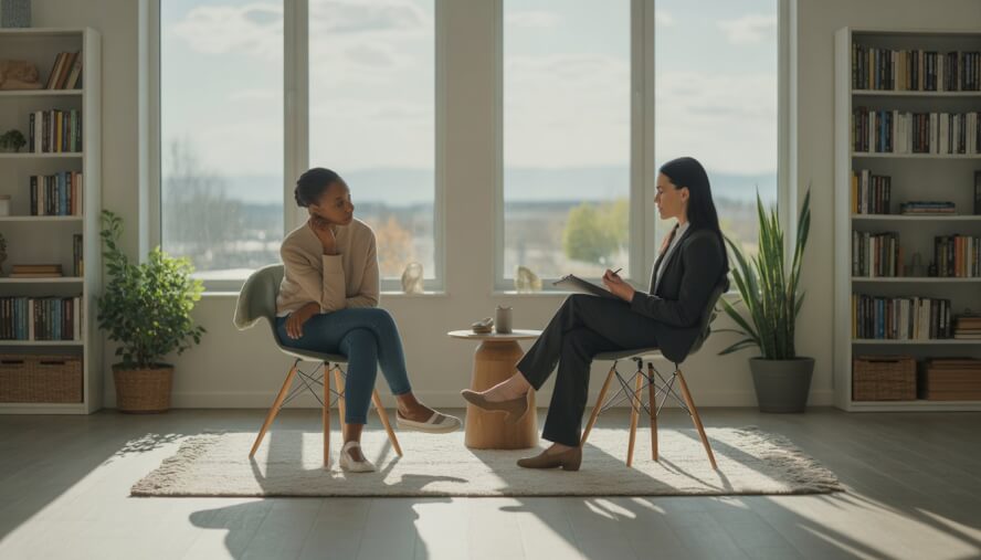 A therapist and an adult client engaged in a counseling session in a bright, comfortable office with a view of Boise city and nature.