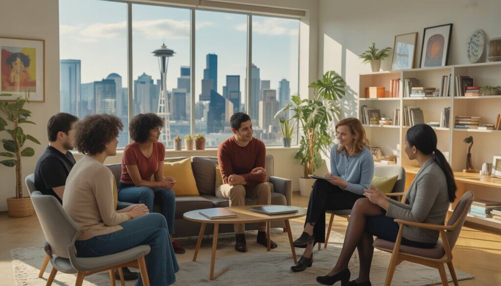 A therapist talking with a diverse group of adults in a bright office with large windows showing the Seattle skyline.
