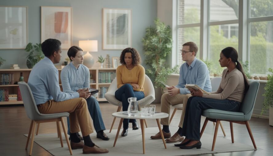 A group of adults in a comfortable therapy office engaged in a supportive session, with natural light and plants in the room.