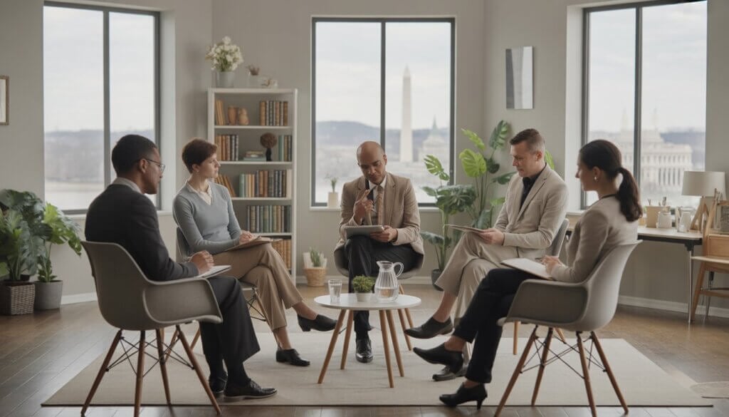 A therapy session in a bright office with a diverse group of adults and a therapist, with Washington DC landmarks visible through the window.