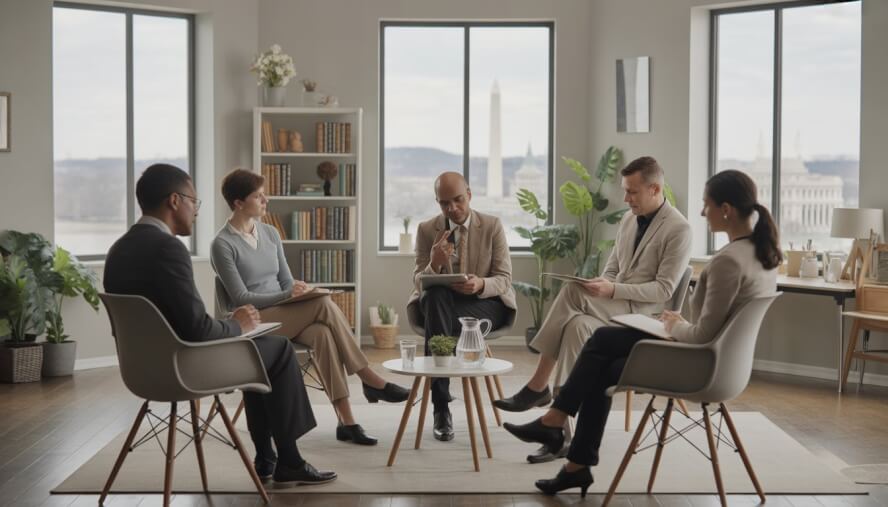 A therapy session in a bright office with a diverse group of adults and a therapist, with Washington DC landmarks visible through the window.
