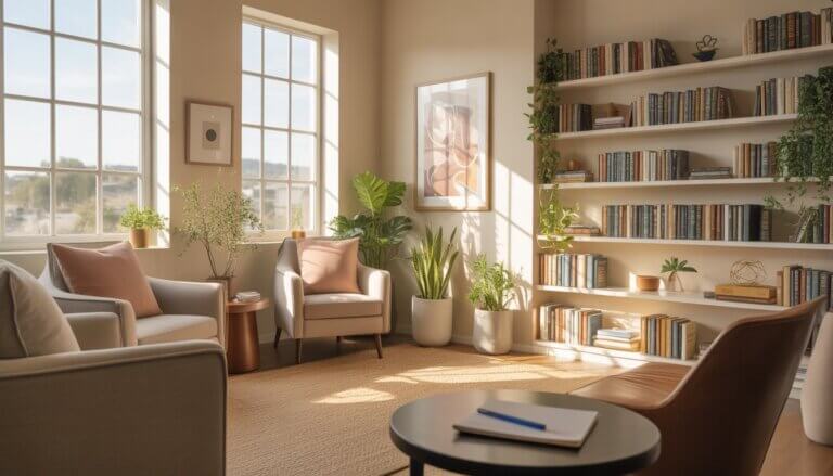 A bright and cozy therapy office with comfortable seating, bookshelves, and plants, creating a calm and welcoming environment.