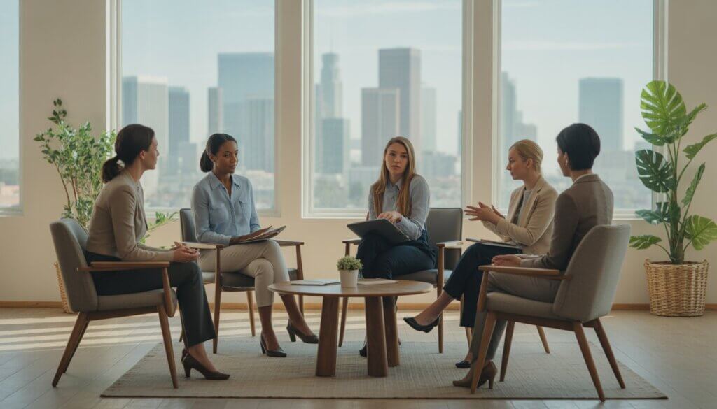 A group of trauma therapists and a client having a supportive conversation in a bright, comfortable therapy office with large windows showing a city view.