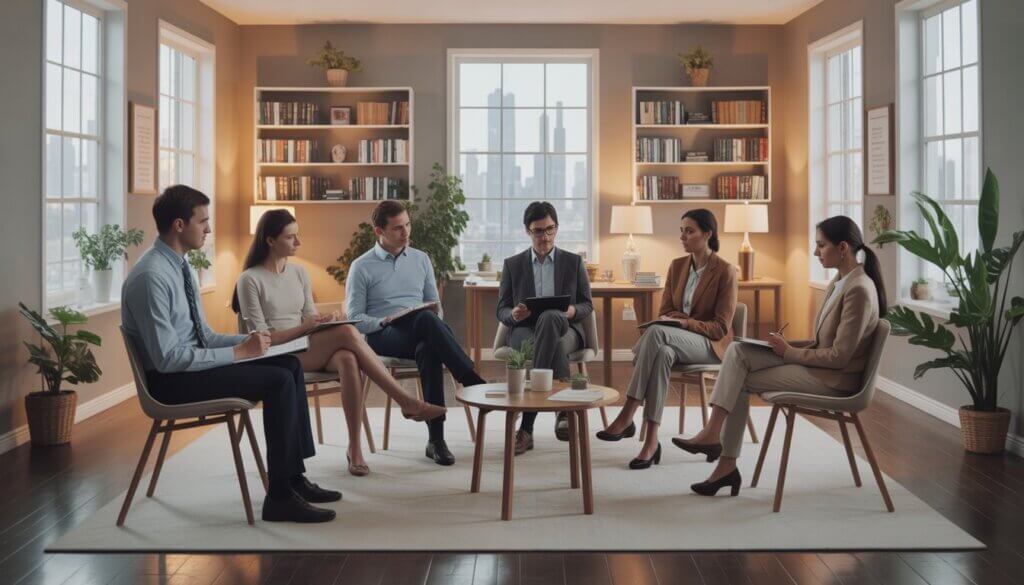 A group of adults in a therapy session in a bright room with a view of the Chicago skyline.