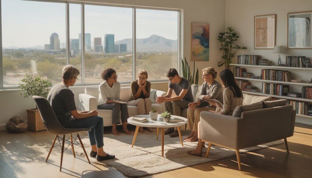 A therapist and a diverse group of adults engaged in a therapy session in a bright room with large windows showing the Phoenix cityscape and desert outside.