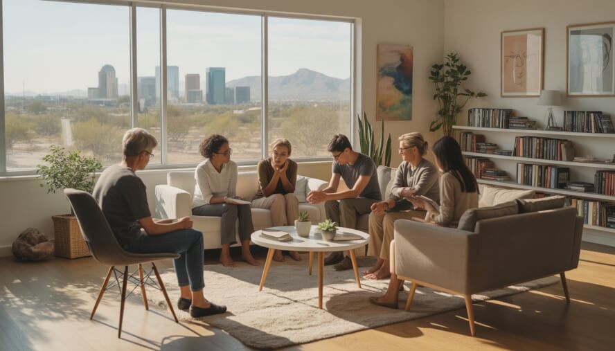 A therapist and a diverse group of adults engaged in a therapy session in a bright room with large windows showing the Phoenix cityscape and desert outside.
