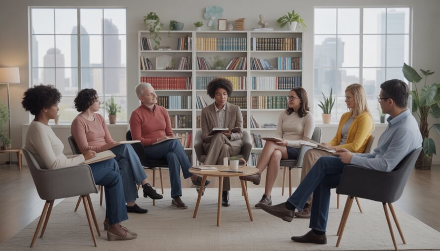 A group of adults sitting in a therapy session in a bright room with large windows showing a cityscape, engaging with a therapist in a calm and supportive environment.