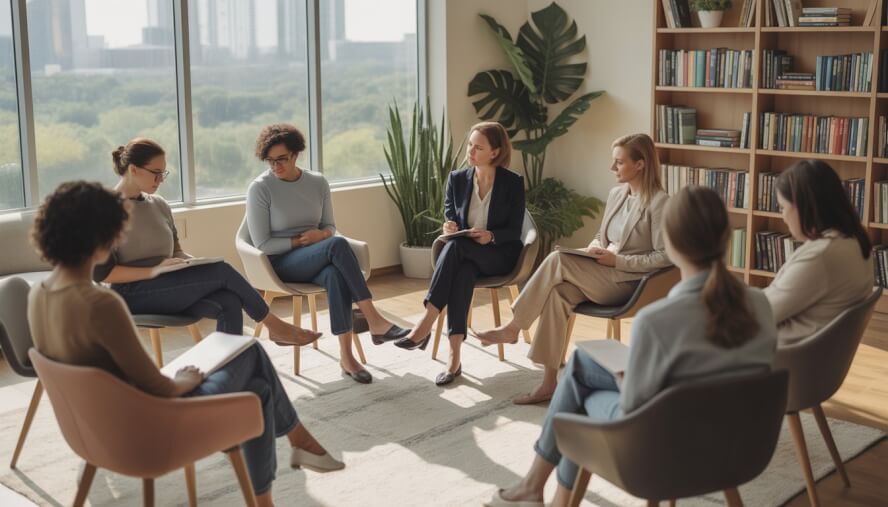 A group of adults and a therapist seated in a bright, comfortable therapy room with large windows showing a city view.