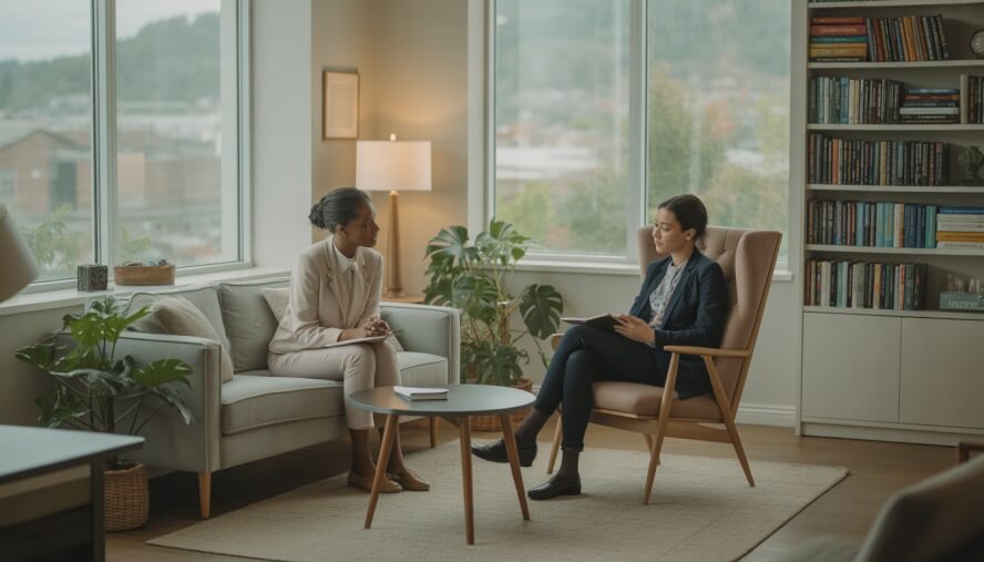 A therapist and an adult client having a calm conversation in a bright, comfortable therapy office with a view of a city and greenery outside.