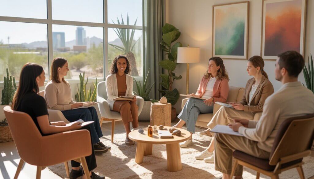 A group of holistic anxiety therapists sitting in a bright office in Phoenix, Arizona, engaged in a supportive discussion surrounded by plants and calming decor.