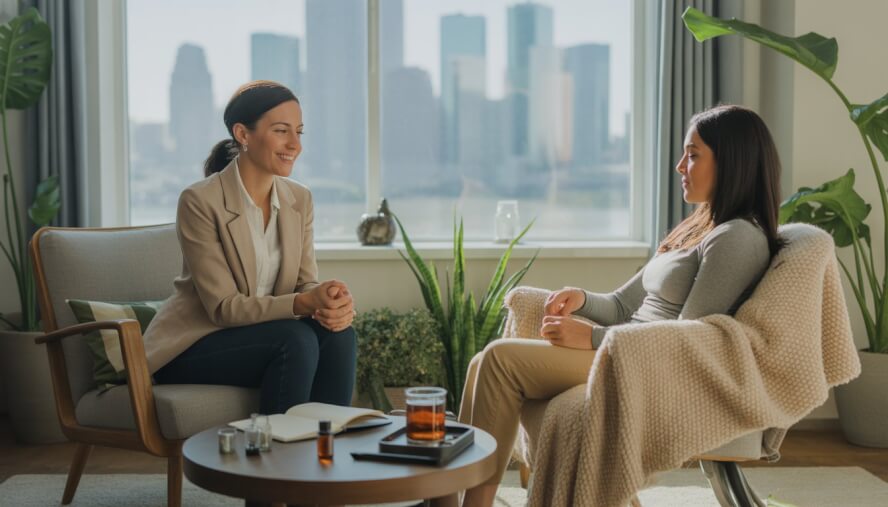 A therapist and client having a calm conversation in a bright therapy office with plants and a view of Houston's skyline.