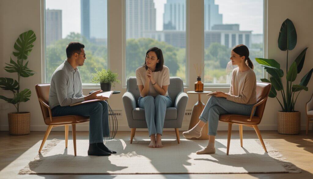 A therapy session with two therapists and a client in a bright, comfortable office with plants and a view of Austin, Texas.