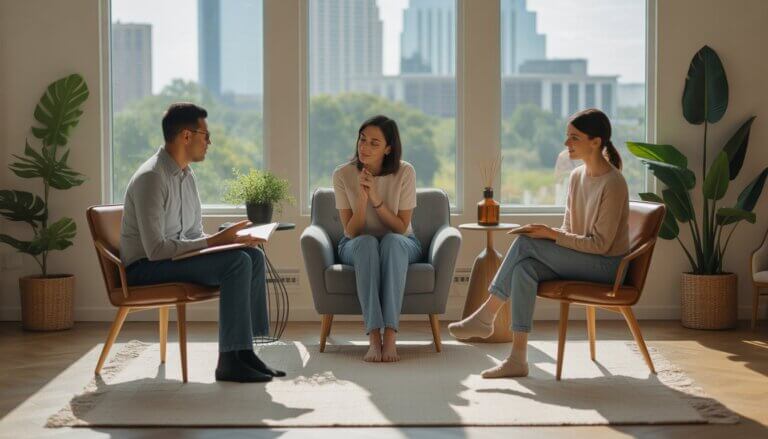 A therapy session with two therapists and a client in a bright, comfortable office with plants and a view of Austin, Texas.