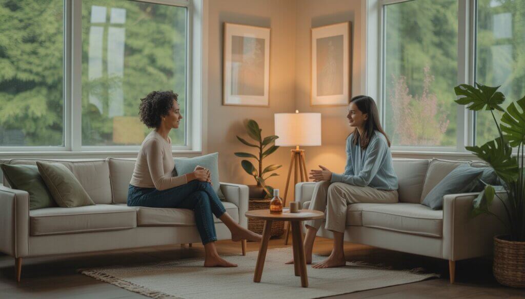 A therapist and client sitting in a bright, calming office with plants and large windows showing greenery outside, engaged in a supportive conversation.