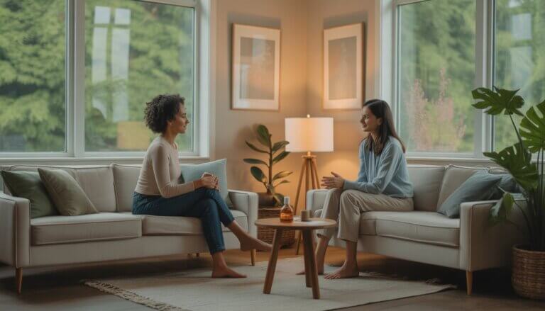 A therapist and client sitting in a bright, calming office with plants and large windows showing greenery outside, engaged in a supportive conversation.