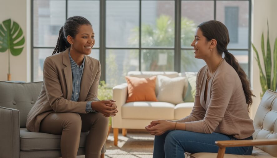 A therapist and client having a supportive conversation in a bright, comfortable therapy office.