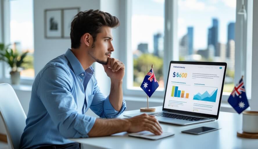 A young man sitting at a desk looking at a laptop with financial charts, with an Australian flag and city skyline visible in the background.