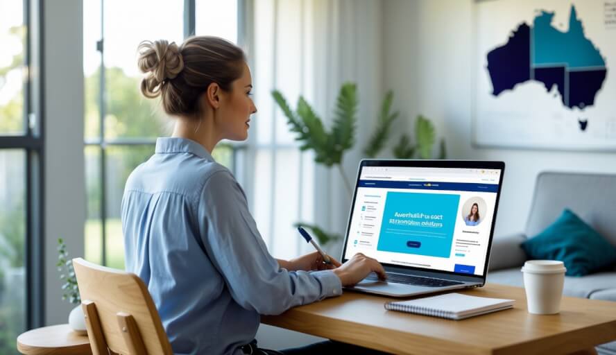 An adult sitting at a desk in a bright living room using a laptop with a mental health platform, with Australian-themed decor in the background.