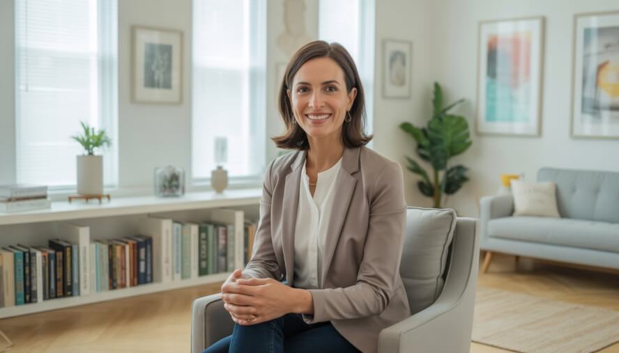 A female therapist sitting in a bright, welcoming office with bookshelves and plants, smiling warmly.