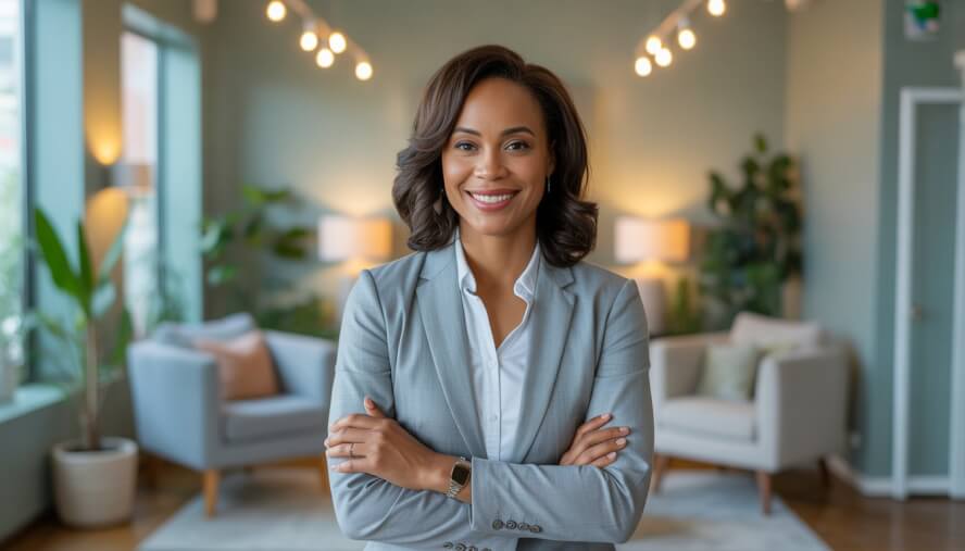 An African American female therapist smiling warmly in a modern, comfortable office with natural light and plants.