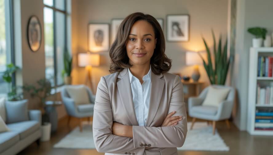 An African American woman standing in a warm and inviting therapy office with comfortable seating and plants.