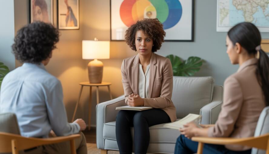 A diverse therapist attentively listening to a client in a comfortable therapy office with warm lighting and inclusive decor.