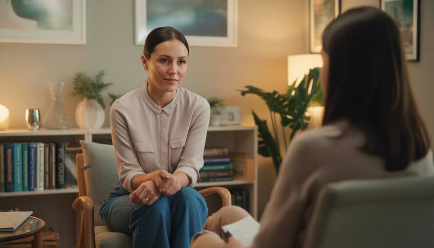A female therapist attentively listening in a warmly lit therapy office with bookshelves and calming decor.