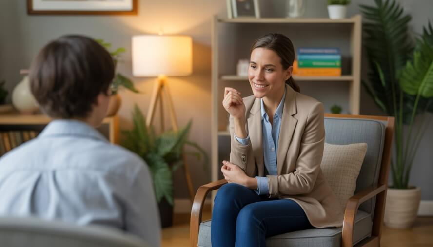 A female therapist attentively listening to a client in a cozy counseling office with warm lighting and calming decor.