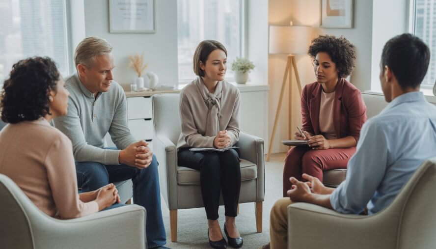 A therapist attentively listening to a diverse group of adults in a bright, comfortable counseling office with a window showing a cityscape.