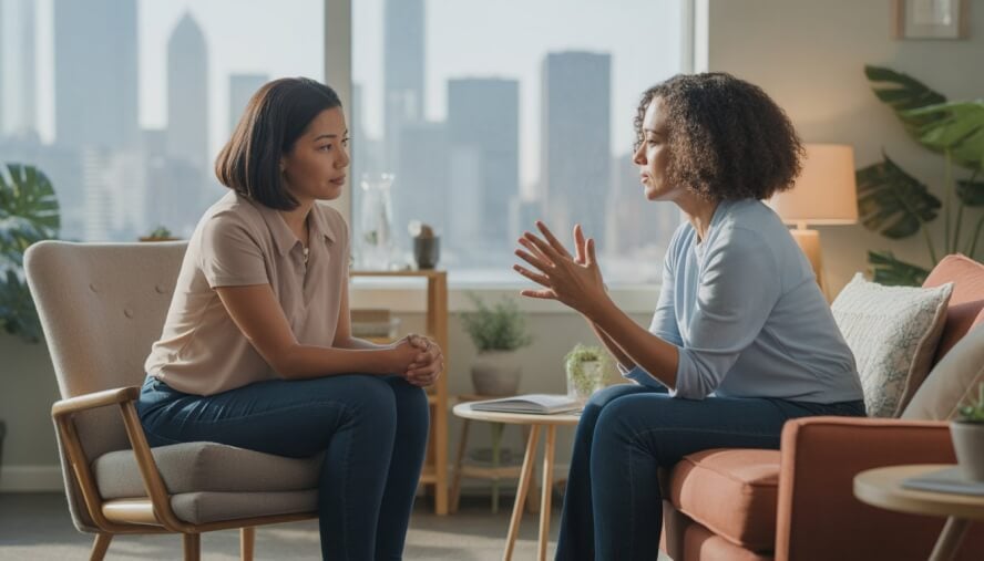 A therapist and client having a supportive conversation in a comfortable office with a city view.