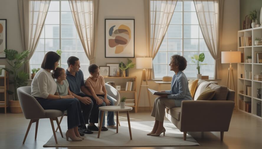 A therapist talking supportively with a diverse family in a bright, comfortable therapy office with plants and a city view through the window.