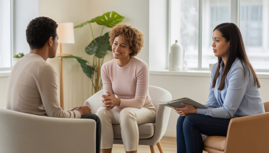 A therapist attentively listening to a client in a bright, comfortable therapy office with two other people present.