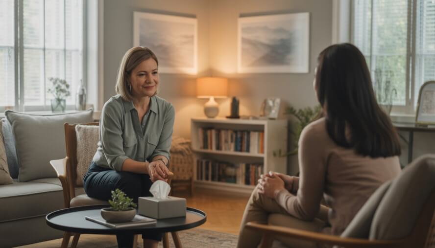 A trauma counselor attentively listening to a client in a comfortable, well-lit therapy office.