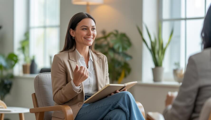 A female therapist sitting in a bright, cozy office, smiling and holding a notebook during a session.