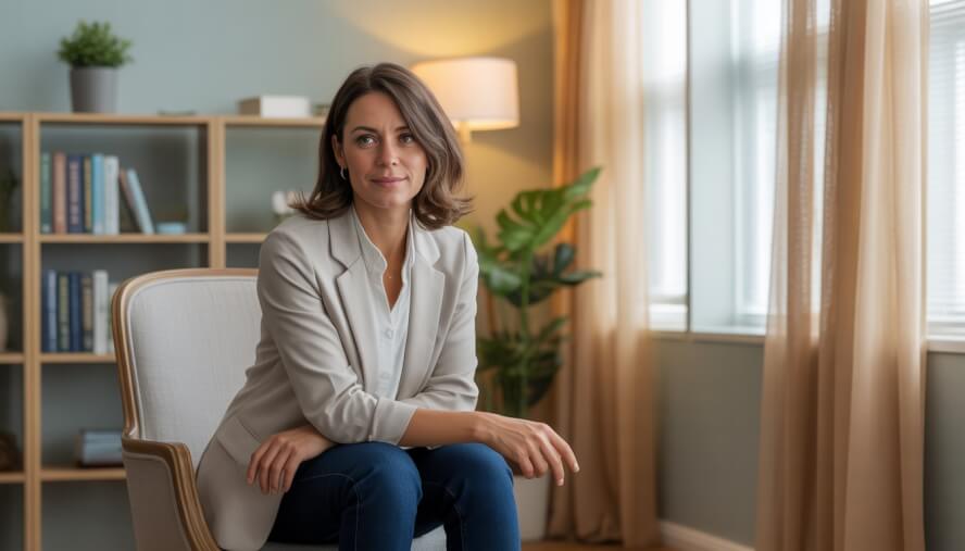 A female therapist sitting in a comfortable chair in a warmly lit office with bookshelves and a plant, looking calm and approachable.