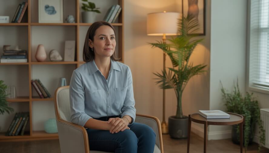 A female therapist sitting in a comfortable office with bookshelves and plants, looking calm and approachable.
