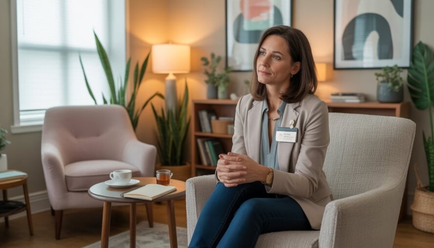 A female counselor sitting in a comfortable therapy office with plants and books, looking calm and approachable.