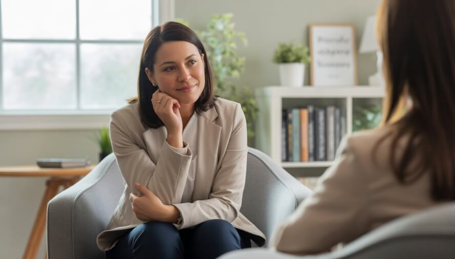 A female therapist attentively listening to a client in a bright, comfortable therapy office.