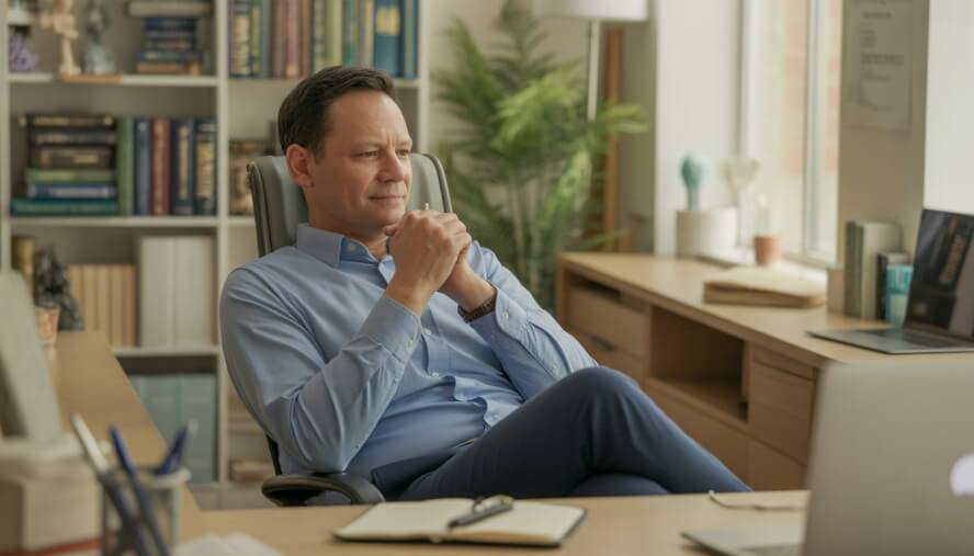 A middle-aged male therapist sitting in a comfortable office with bookshelves and a plant in the background.