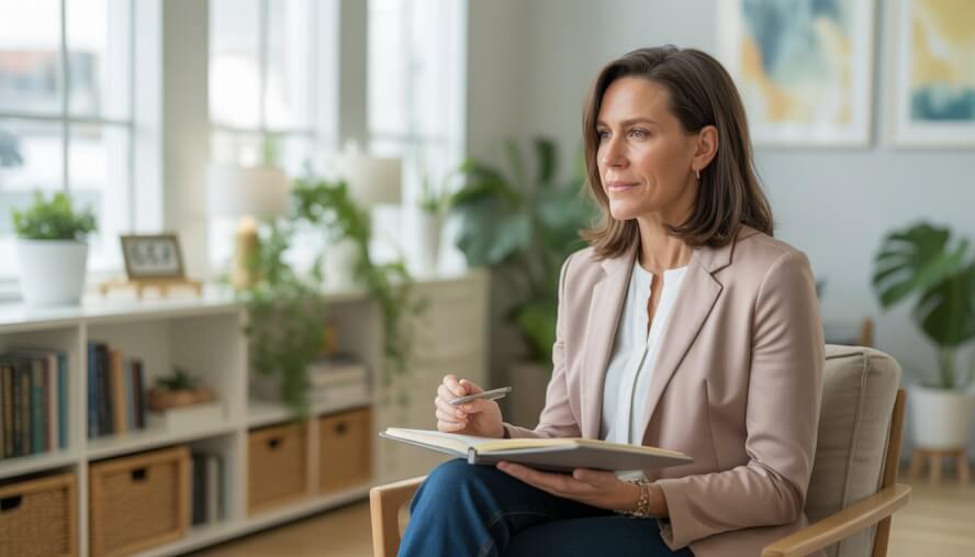 A female therapist sitting in a bright, comfortable counseling office, engaged in a conversation with a calm and caring expression.