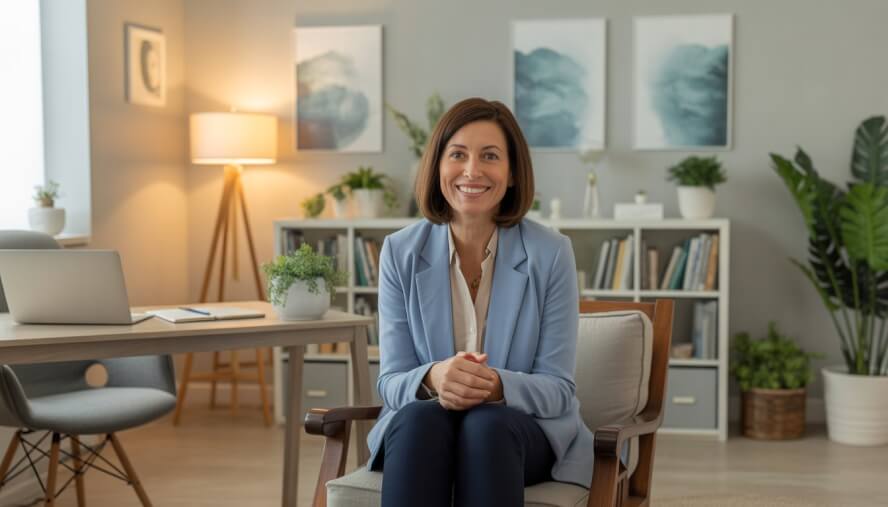 A female therapist sitting in a comfortable office with plants and bookshelves, smiling warmly.